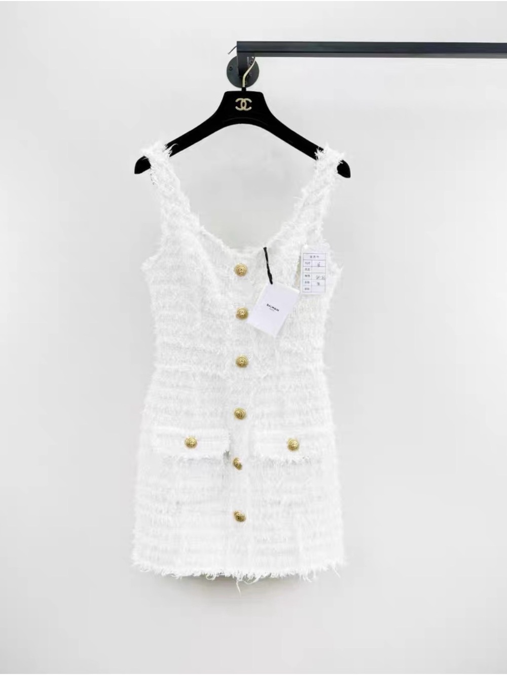 Balmain White Tweed Mini Dress with Gold Buttons